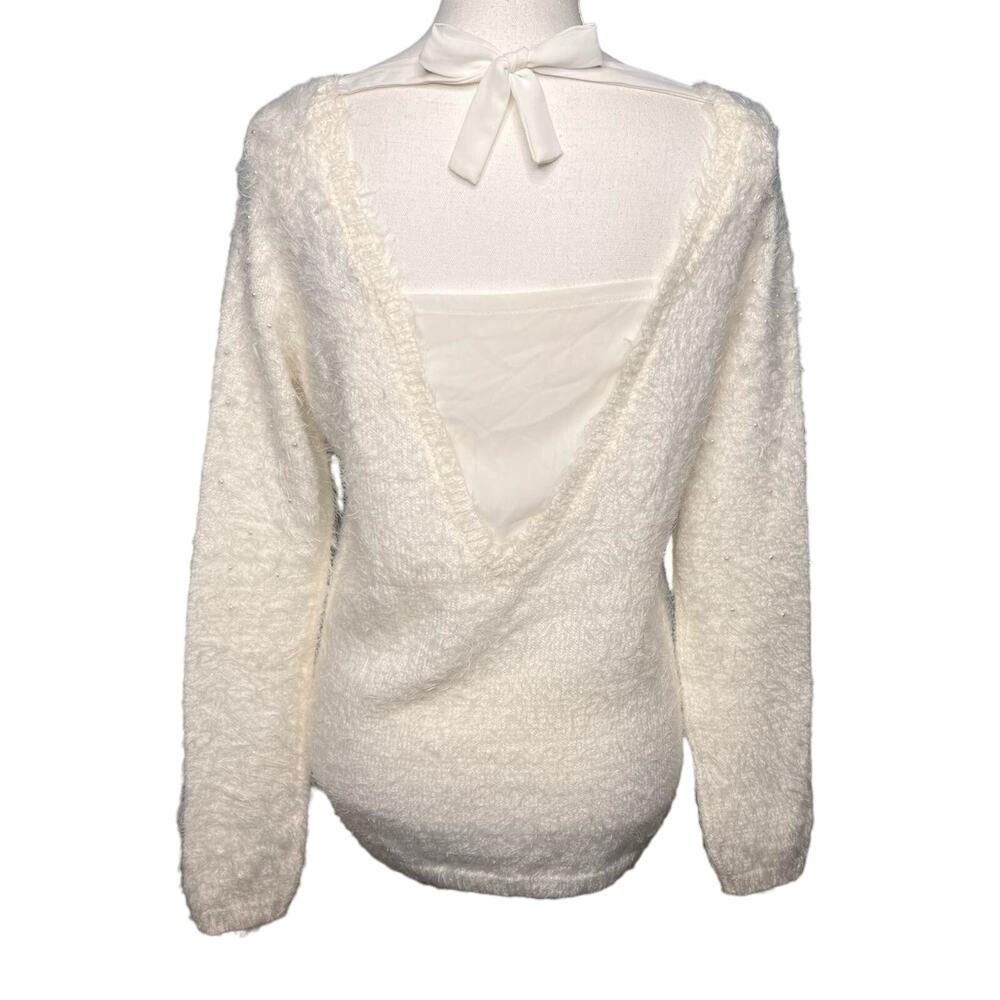 Morgan City Size Small Open Back Sweater Ivory Eyelash Pearls Backless Sweater